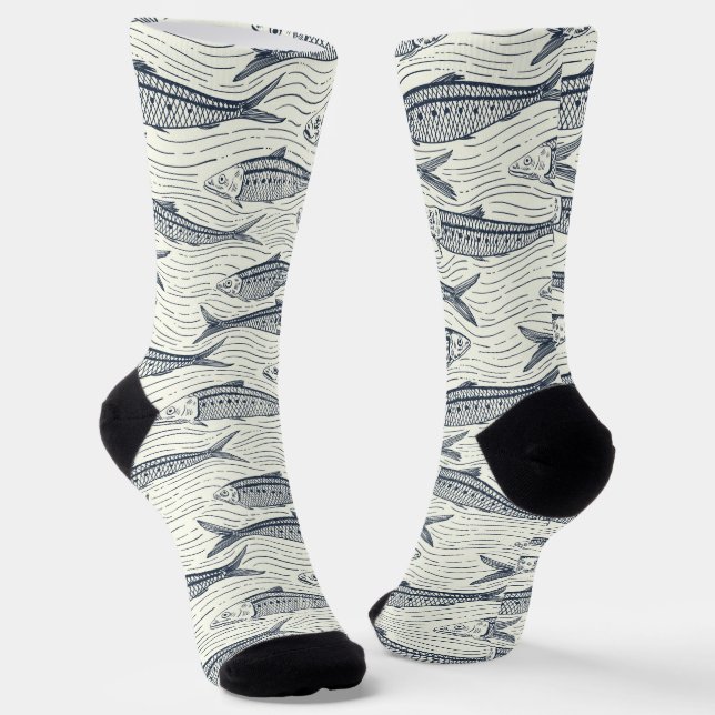Sardines in Motion in navy and ivory Socks (Angled)