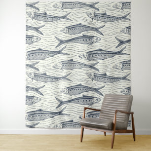 Sardines in Motion in navy and ivory Tapestry