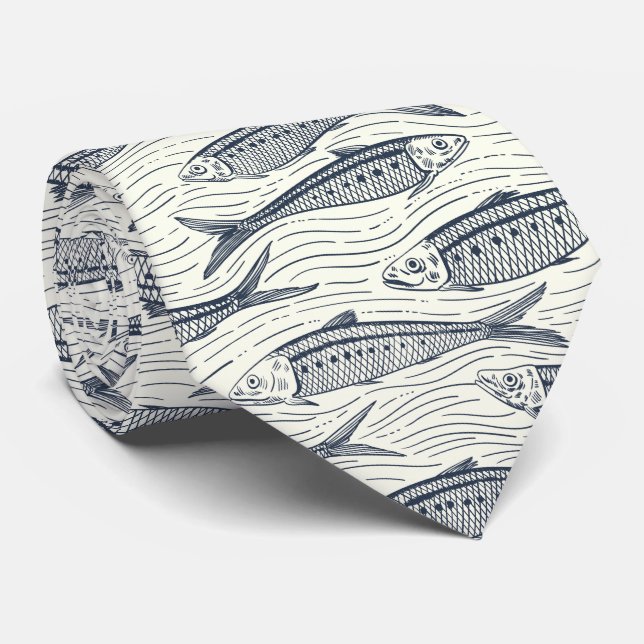 Sardines in Motion in navy and ivory Tie (Rolled)