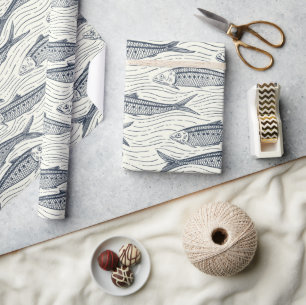 Sardines in Motion in navy and ivory Wrapping Paper