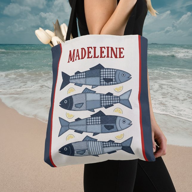 Sardines Lemons Patchwork Quilted Coastal Monogram Tote Bag (Creator Uploaded)