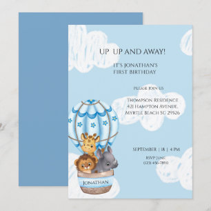 Sarfari Animal Hot Air Balloon Boys First Birthday Invitation