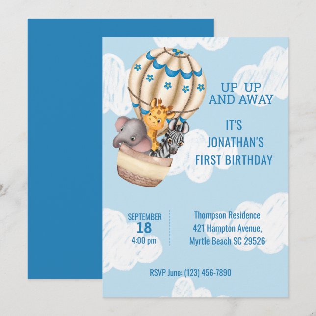 Sarfari Animal Hot Air Balloon Boys First Birthday Invitation (Front/Back)