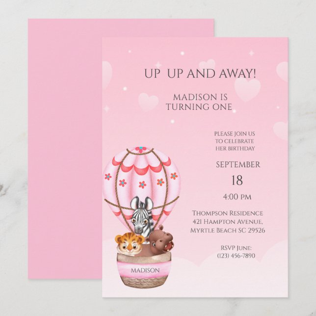 Sarfari Animal Hot Air Balloon Girl First Birthday Invitation (Front/Back)