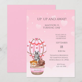 Sarfari Animal Hot Air Balloon Girl First Birthday Invitation