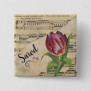Sarod Elegant Tulip Vintage Sheet Music 15 Cm Square Badge