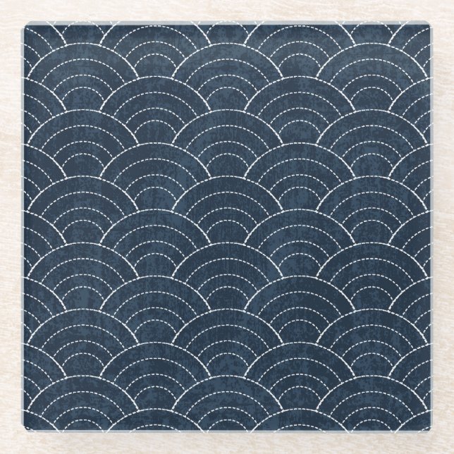 Sashiko Embroidery: Indigo Japanese Pattern. Glass Coaster (Front)