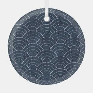 Sashiko Embroidery: Indigo Japanese Pattern. Glass Tree Decoration