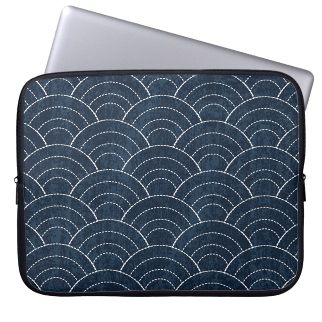 Sashiko Embroidery: Indigo Japanese Pattern. Laptop Sleeve (Front)