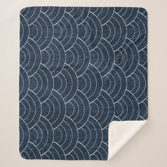 Sashiko Embroidery: Indigo Japanese Pattern. Sherpa Blanket (Front)