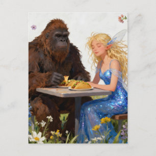 Sasquatch and a Fairy Eating Tacos Postcard