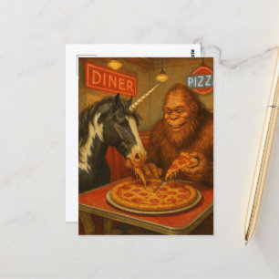 Sasquatch and a Unicorn Eating Pizza Postcard
