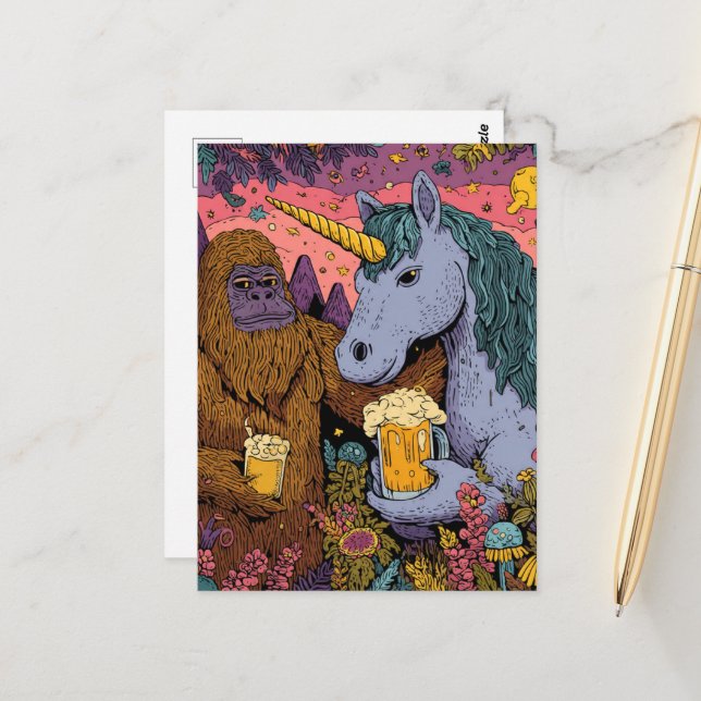 Sasquatch and a Unicorn Enjoying Beer Postcard (Front/Back In Situ)