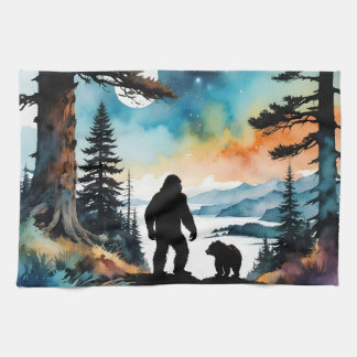 Sasquatch and his pet bear tea towel