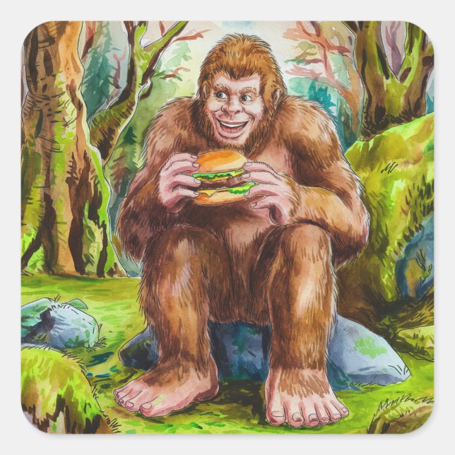 Sasquatch and the Cheesburger in a Mossy Forest Square Sticker (Front)
