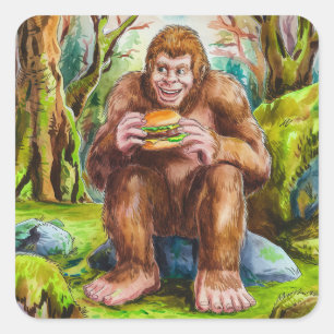 Sasquatch and the Cheesburger in a Mossy Forest Square Sticker