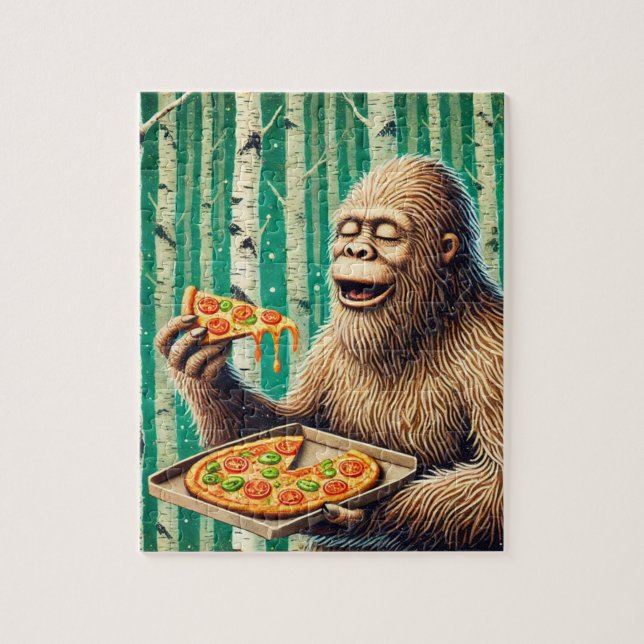 Sasquatch and the Pizza in a Birch Tree Forest Jigsaw Puzzle (Vertical)