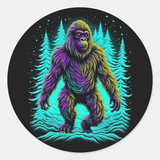 Sasquatch Bigfoot in Teal and Black Classic Round Sticker (Front)