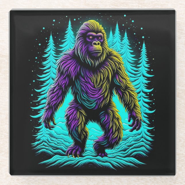 Sasquatch Bigfoot in Teal and Black Glass Coaster (Front)