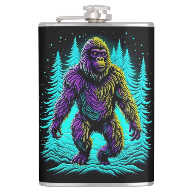 Sasquatch Bigfoot in Teal and Black Hip Flask (Front)