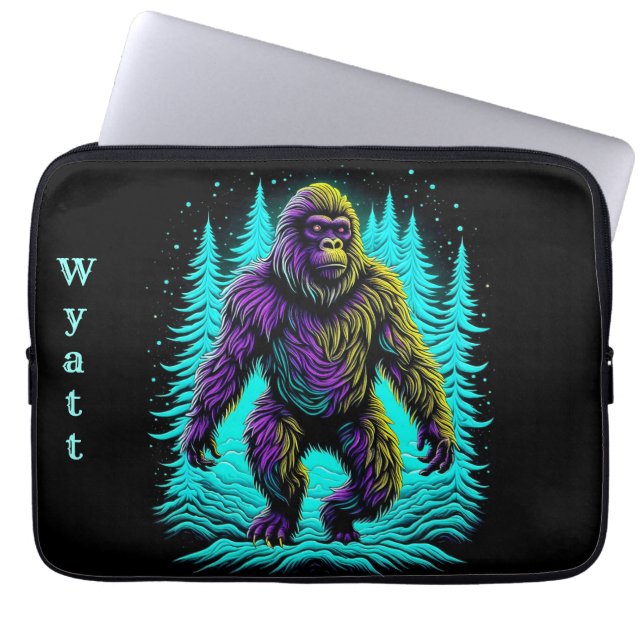 Sasquatch Bigfoot in Teal and Black Personalised Laptop Sleeve (Front)