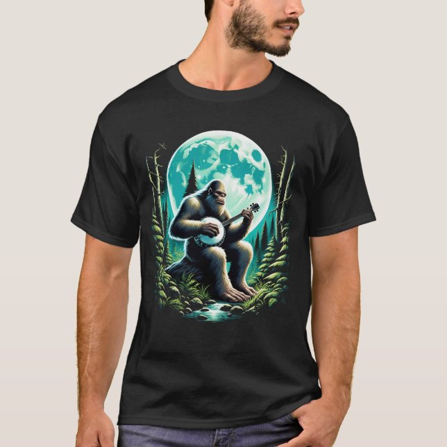 Sasquatch Bigfoot Playing Banjo on Full Moon T-Shirt (Front)