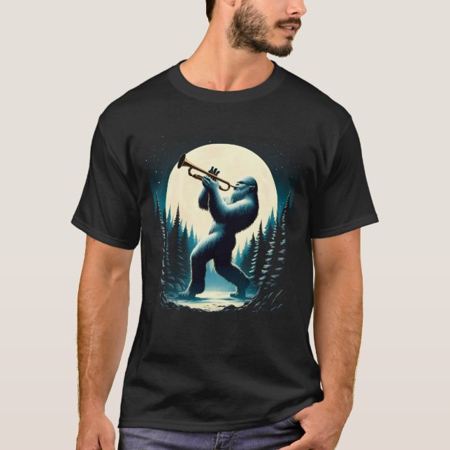 Sasquatch Bigfoot Playing Trumpet on Full Moon T-Shirt (Front)