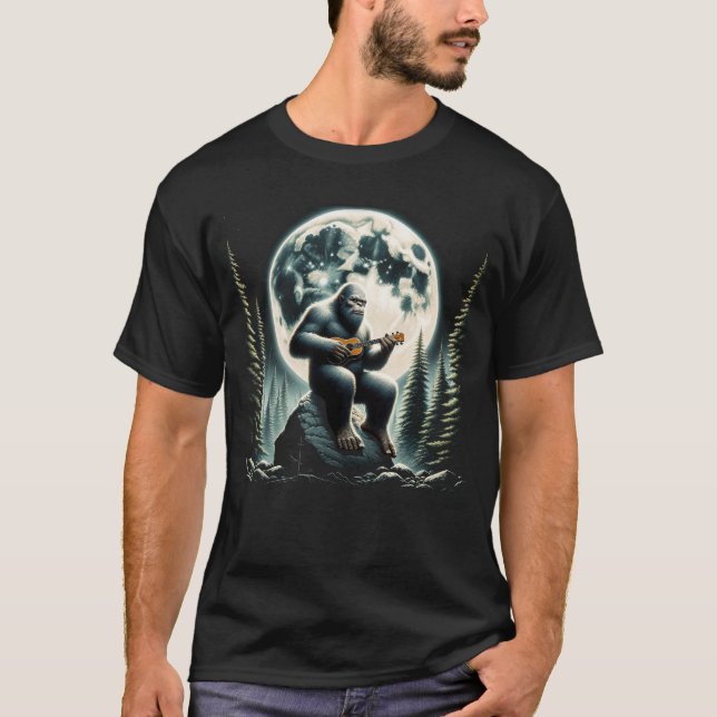 Sasquatch Bigfoot Playing Ukulele on Full Moon T-Shirt (Front)