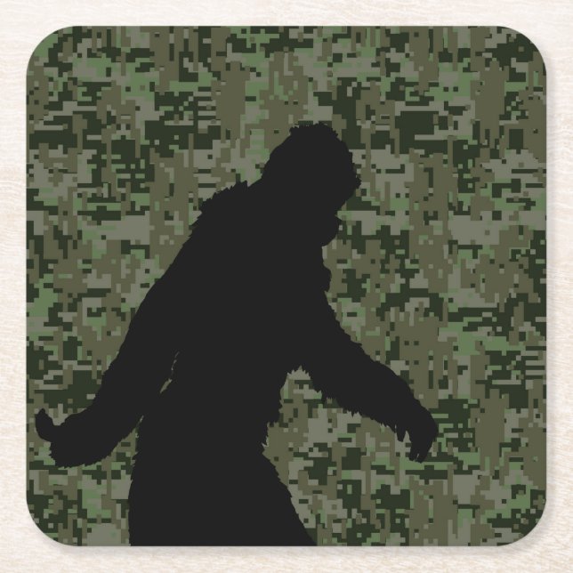 Sasquatch Black Silhouette Digital Camouflage Square Paper Coaster (Front)