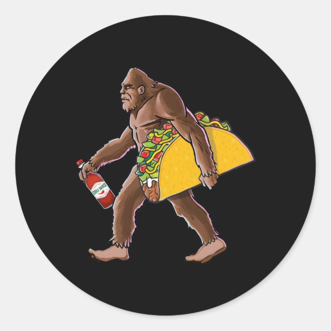 Sasquatch Carrying A Taco And A Bottle Of Hot Sauc Classic Round Sticker (Front)
