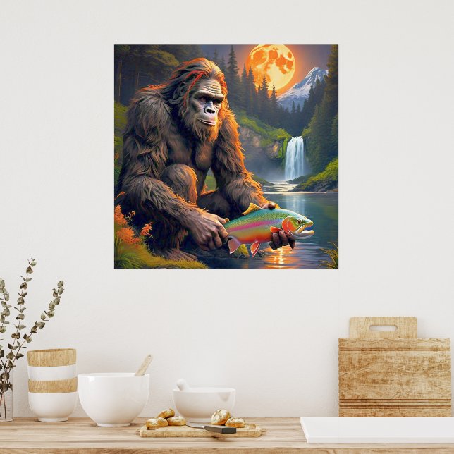 Sasquatch Catching Rainbow Trout Poster (Kitchen)