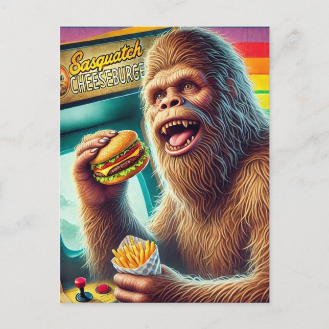 Sasquatch Cheeseburger and Fries Retro Arcade Postcard (Front)