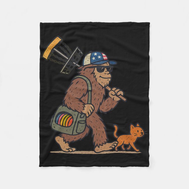 Sasquatch Disc Golfer Funny Cat Disc Golf  Fleece Blanket (Front)