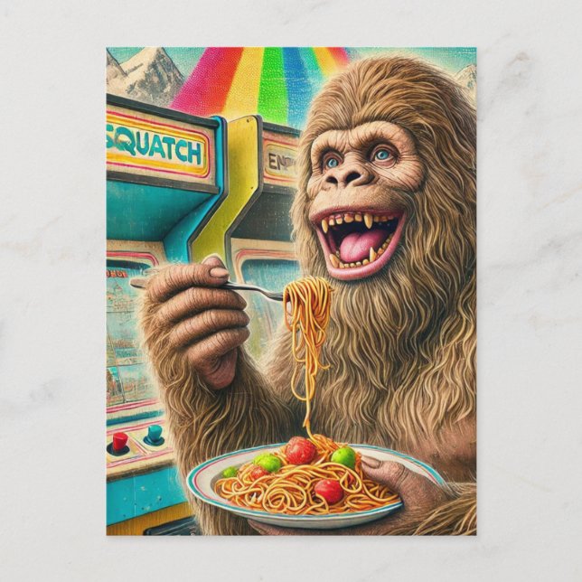Sasquatch eats spaghetti postcard (Front)