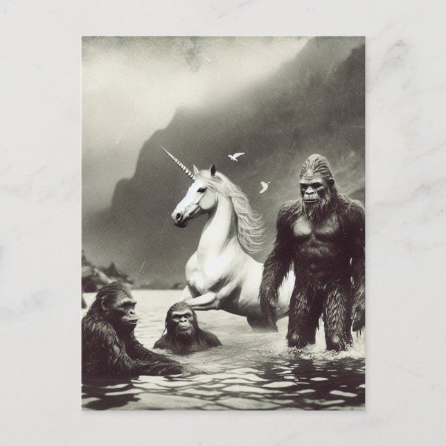 Sasquatch family and a unicorn postcard (Front)