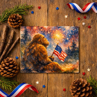 Sasquatch Holding American Flag July 4th Fireworks Postcard