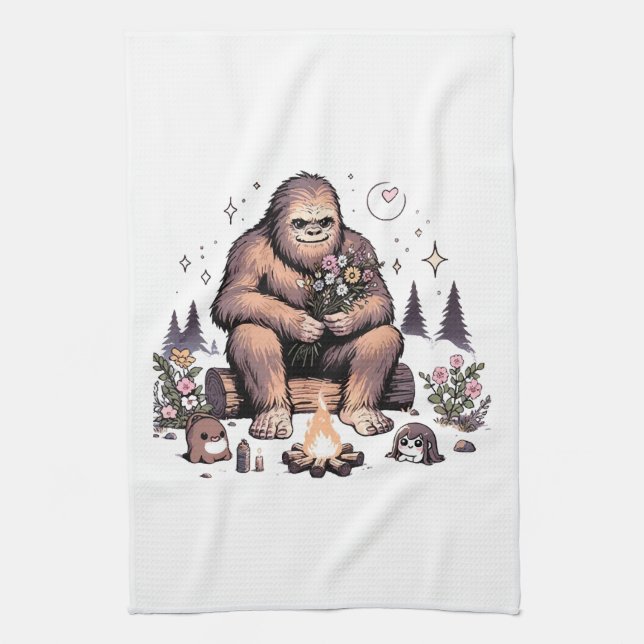 Sasquatch Holding Flowers Tea Towel (Vertical)