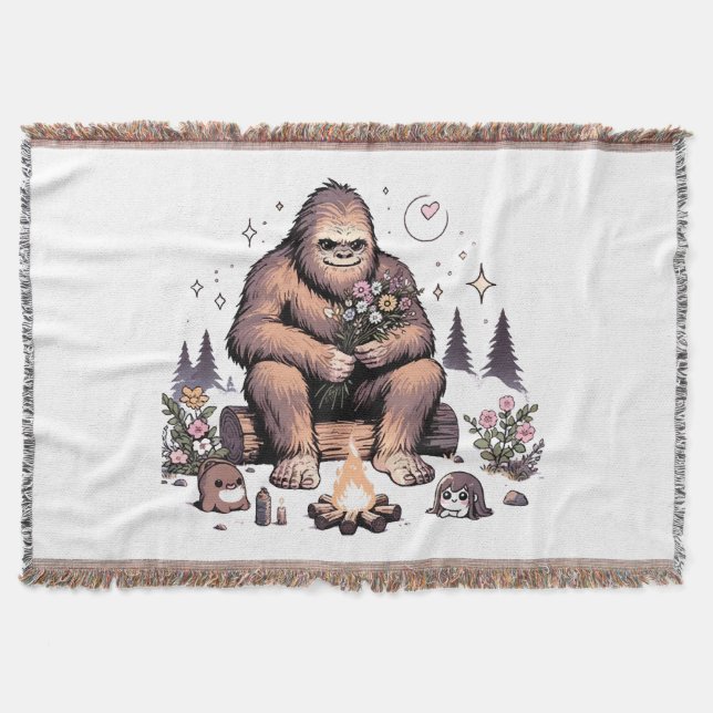 Sasquatch Holding Flowers Throw Blanket (Front)