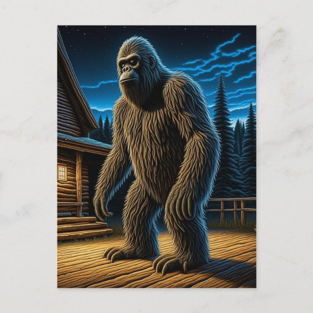 Sasquatch in front of Log Cabin in the Woods Postcard (Front)