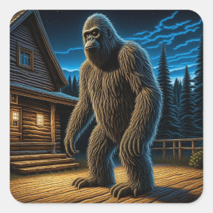 Sasquatch in front of Log Cabin in the Woods Square Sticker