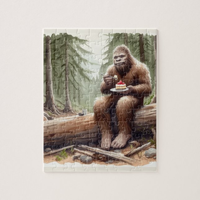 Sasquatch in mossy forest with a cheesecake jigsaw puzzle (Vertical)