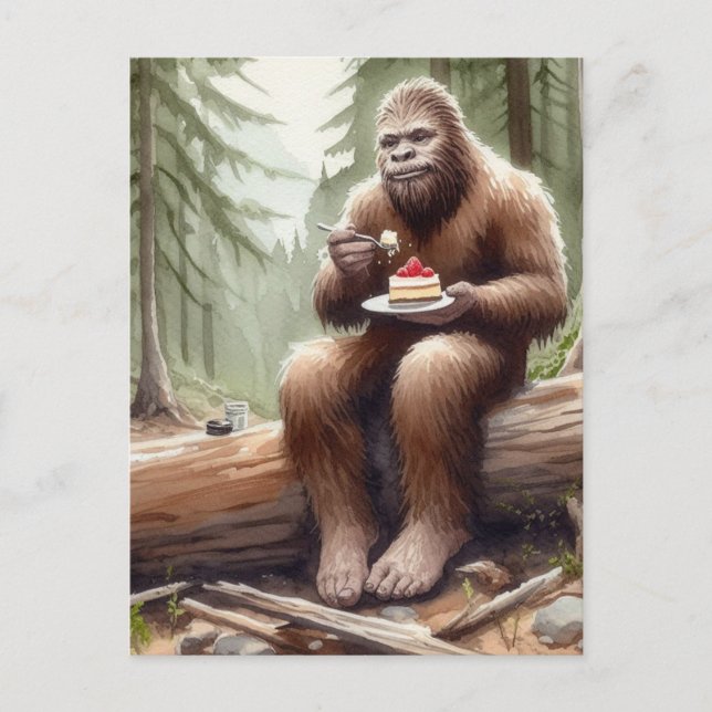 Sasquatch in mossy forest with a cheesecake postcard (Front)
