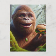 Sasquatch in mossy forest with Cheeseburger
