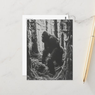 Sasquatch in the forest black and white postcard