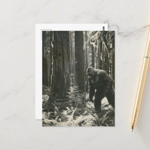 Sasquatch in the forest black and white vintage postcard