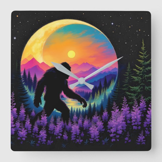 Sasquatch Rainbow Mountain Moon Wall Clock (Front)