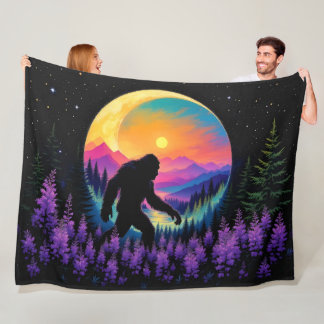 Sasquatch Rainbow Mountain Moon Wall Clock Fleece Blanket