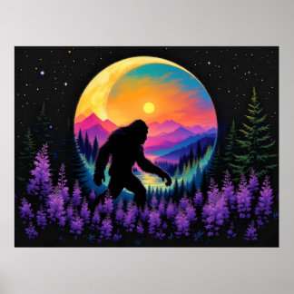 Sasquatch Rainbow Mountain Moon Wall Clock Poster