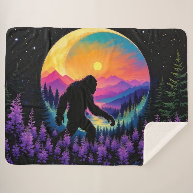 Sasquatch Rainbow Mountain Moon Wall Clock Sherpa Blanket (Front (Horizontal))