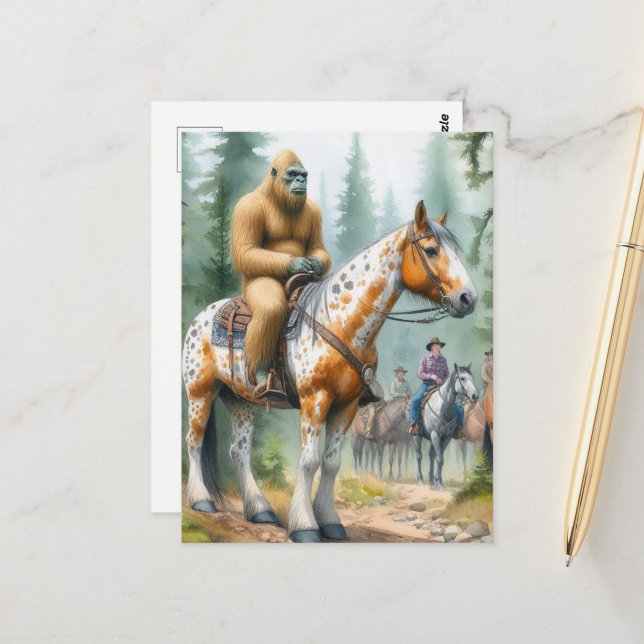 Sasquatch Rides A Horse on a Trail Ride Postcard (Front/Back In Situ)